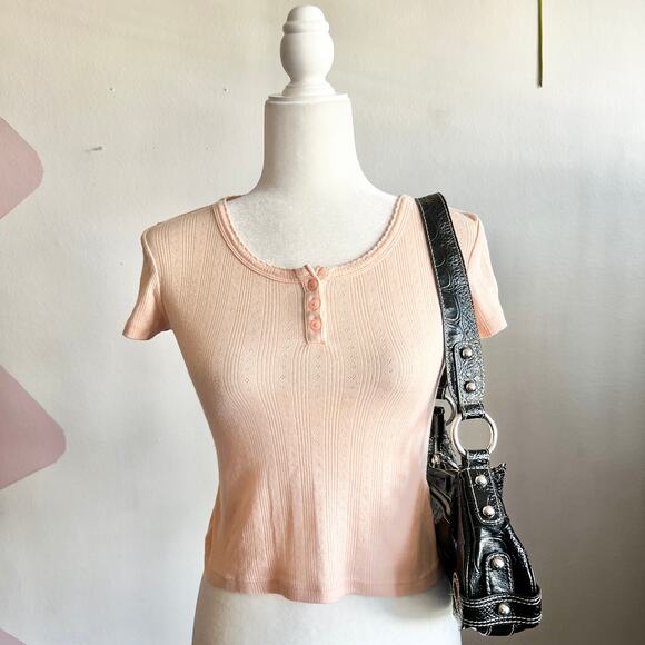 Peach Ribbed Baby Tee Crop Top Cottagecore Minimalist Soft Girl Small - Picture 1 of 7